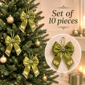 Set of 10 olive silk Christmas bows with emerald stones and gold bells in a gift box