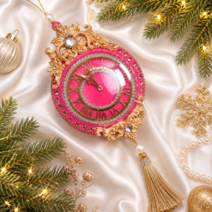 Handmade dark rose velvet Christmas clock ornament with golden dial, rhinestones, and tassel