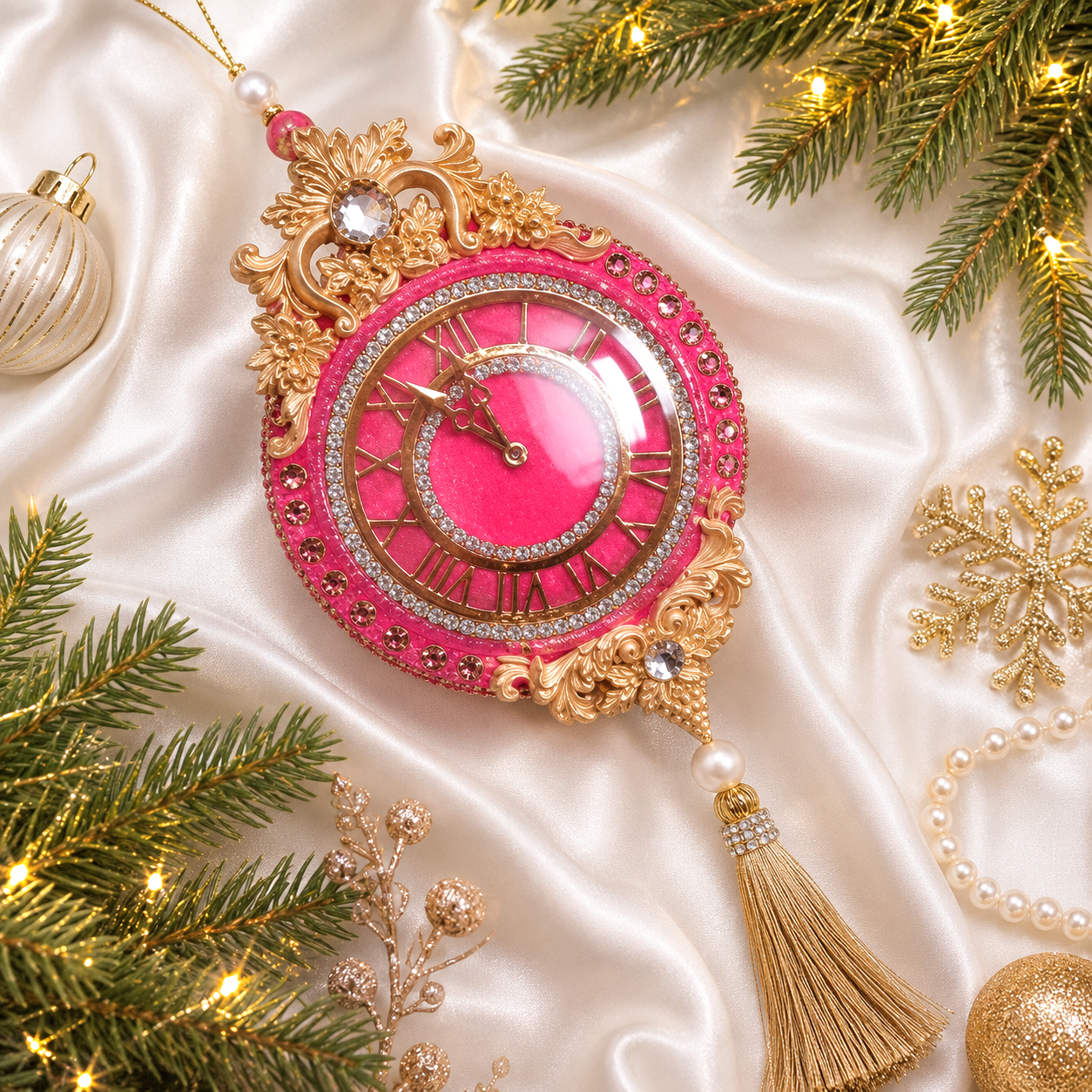 Handmade dark rose velvet Christmas clock ornament with golden dial, rhinestones, and tassel