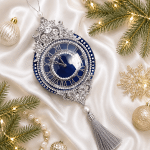Exclusive handmade blue Christmas clock ornament decorated with rhinestones and tassels