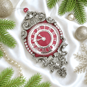 Handmade pink velvet clock ornament with rhinestones for holiday decoration