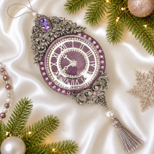 Luxury lilac velvet Christmas clock ornament with rhinestones, rhinestone chain, and decorative tassel