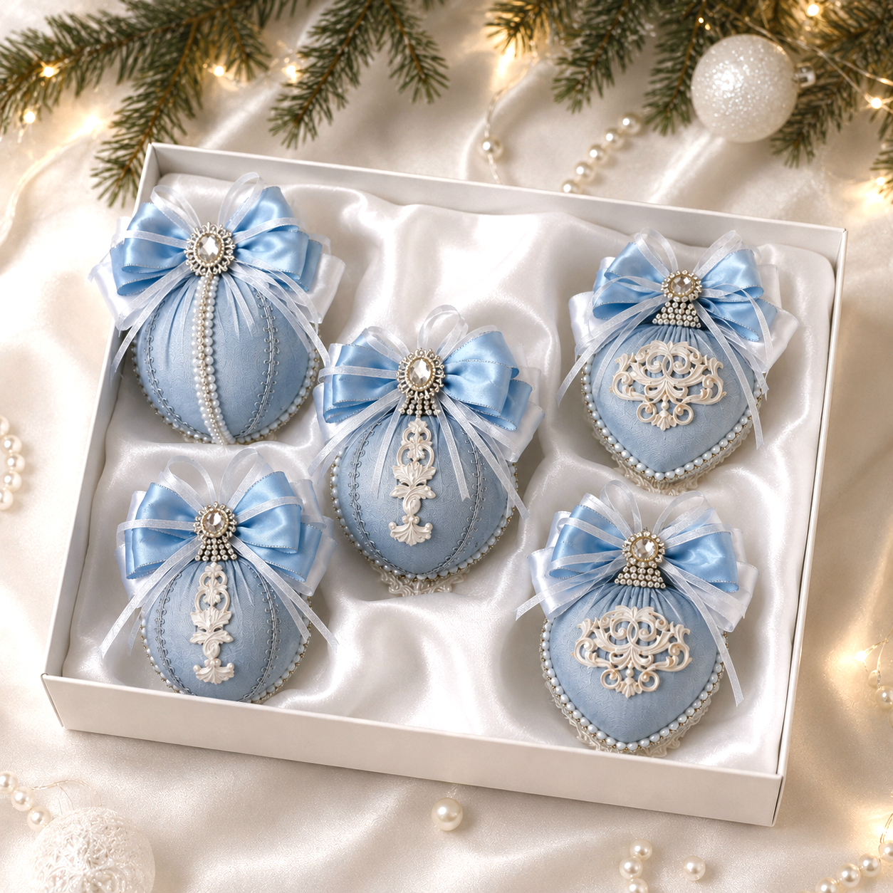 Handmade blue silk Christmas ornament set with 5 unique silk ornaments decorated with satin ribbons