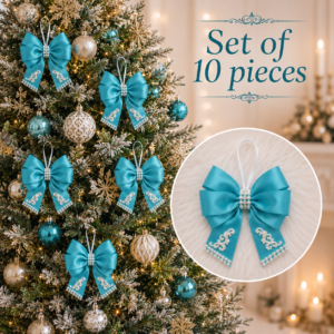 Set of 10 handmade turquoise silk Christmas bows with vintage accents in a gift box