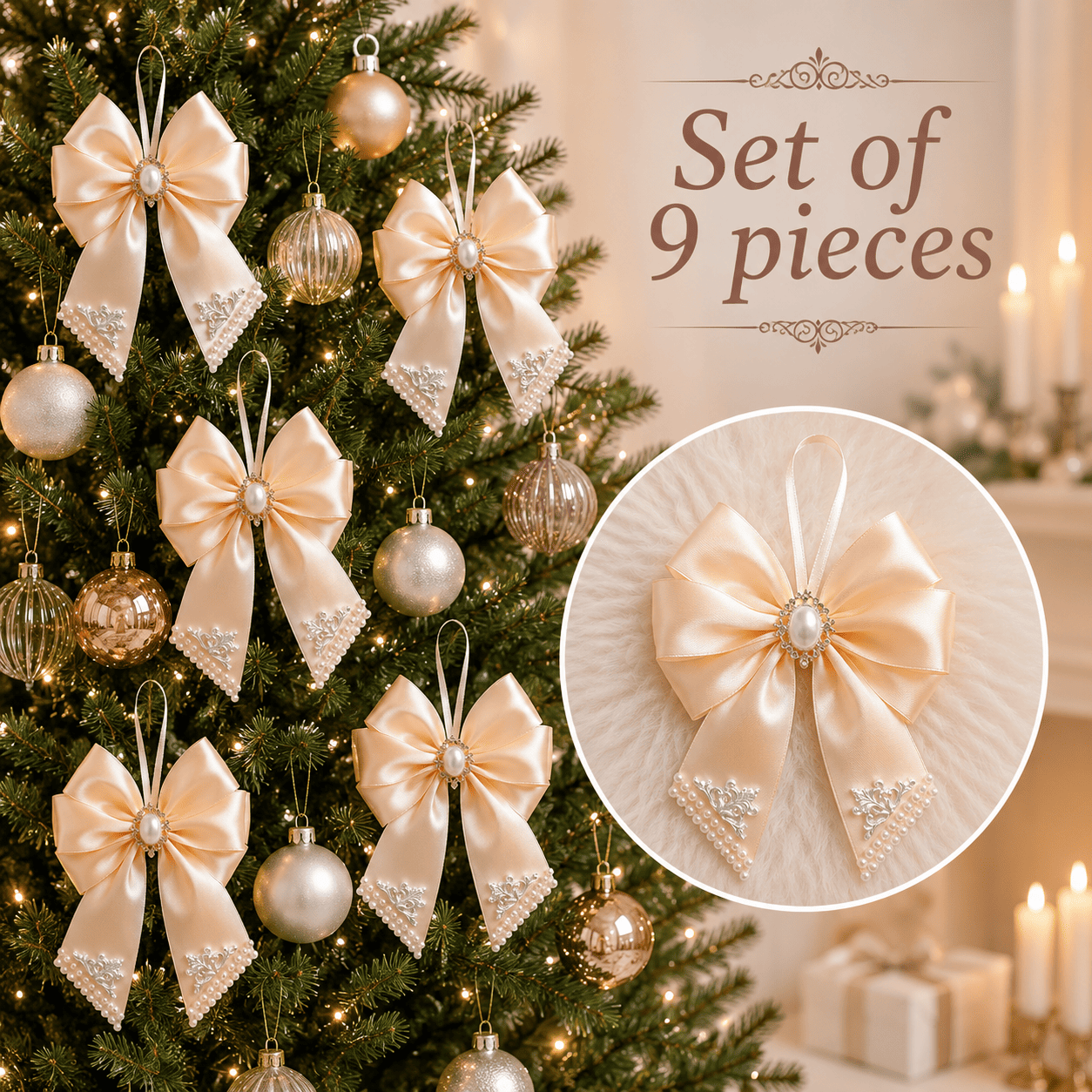 Set of 9 handmade cream Christmas tree bows decorated with pearls, brooches, and lace details in a gift box