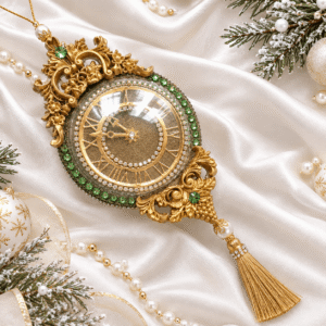 Luxury green velvet Christmas clock ornament with rhinestones, rhinestone chain, and decorative tassel