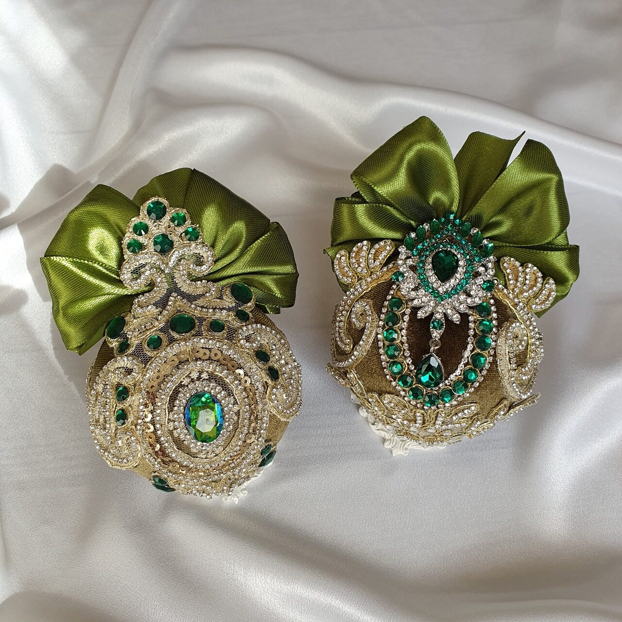 Handmade green velvet Christmas ornaments with satin bows and rhinestones, elegant holiday tree decorations