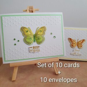 Set of 10 handmade 3D butterfly greeting cards with rhinestones, embossing, and matching envelopes