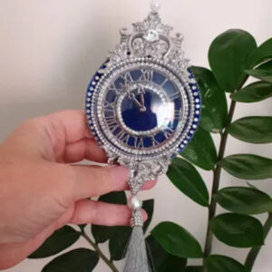 Exclusive handmade blue Christmas clock ornament decorated with rhinestones and tassels