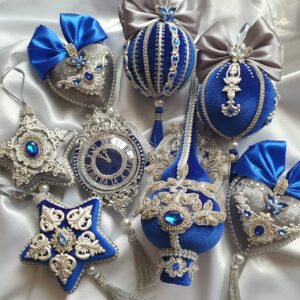 Handmade Christmas ornaments set with blue and gray velvet finishes, featuring hearts, stars, and classic ball shapes, accented by a lace-patterned tree topper. Durable, shatterproof, and designed by a Ukrainian artisan for elegant holiday decor.