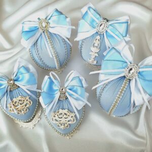 Handmade blue silk Christmas ornament set with 5 unique silk ornaments decorated with satin ribbons