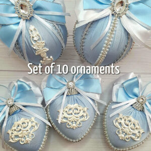 Handmade blue silk Christmas ornaments set of 10 with round and heart-shaped baubles