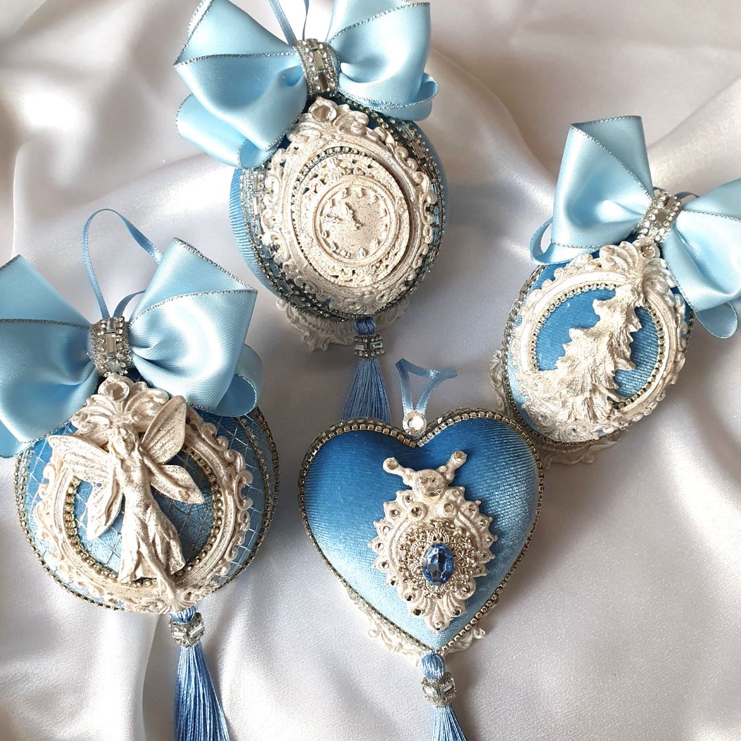 Handmade light blue velvet Christmas ornament set with 4 unique velvet ornaments decorated with satin ribbons and gemstones