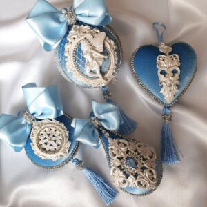Blue velvet Christmas baubles luxury handmade ornament set with satin bows and rhinestones