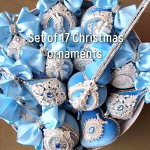 Set of 17 handcrafted blue velvet holiday ornaments including stars, hearts, and balls