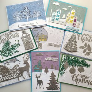 Elegant handmade Christmas card set with festive winter designs and rhinestone details