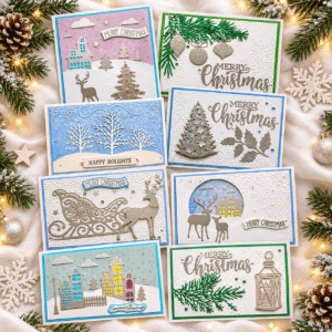 Elegant handmade Christmas card set with festive winter designs and rhinestone details