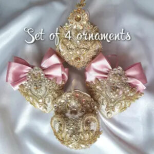 Handmade Christmas tree set with grey velvet balls and heart ornaments decorated with rhinestones and pink bows