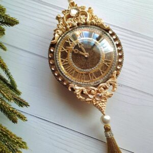 Exclusive handmade green Christmas clock ornament decorated with rhinestones and tassels