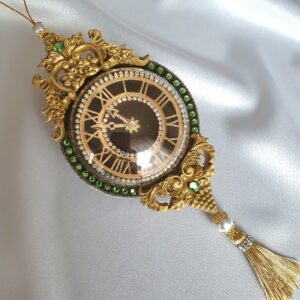 Luxury green velvet Christmas clock ornament with rhinestones, rhinestone chain, and decorative tassel