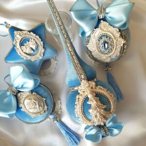 Luxury light blue velvet Christmas ornaments set with 4 handmade baubles decorated with satin bows and rhinestones
