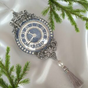 Luxury light blue velvet Christmas clock ornament with rhinestones, rhinestone chain, and decorative tassel