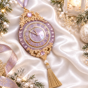 Exclusive handmade lilac Christmas clock ornament decorated with rhinestones and tassels