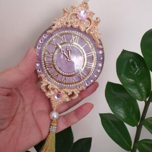 Exclusive handmade lilac Christmas clock ornament decorated with rhinestones and tassels