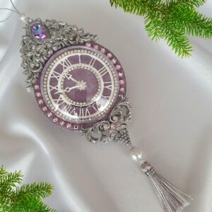 Luxury lilac velvet Christmas clock ornament with rhinestones, rhinestone chain, and decorative tassel