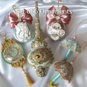 Handmade mint and beige Christmas ornaments set with velvet baubles, unicorn design, clock ornament, umbrellas, and tree topper