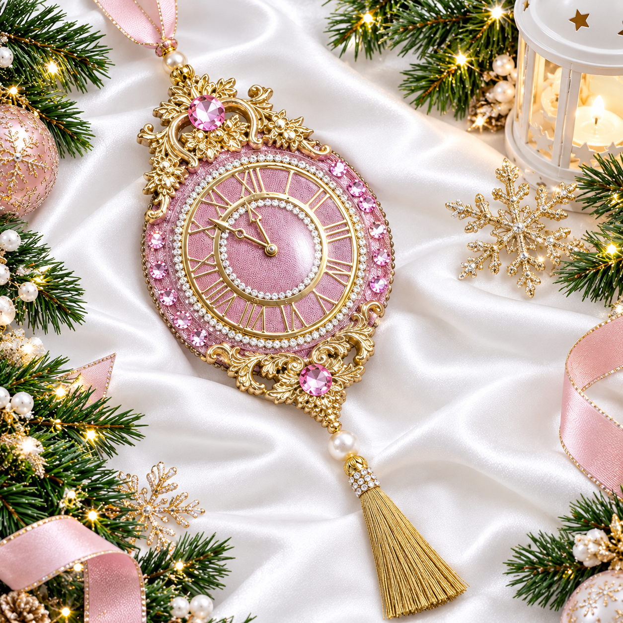 Exclusive handmade pink Christmas tree clock ornament decorated with rhinestones and tassels