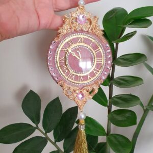 Exclusive handmade pink Christmas tree clock ornament decorated with rhinestones and tassels