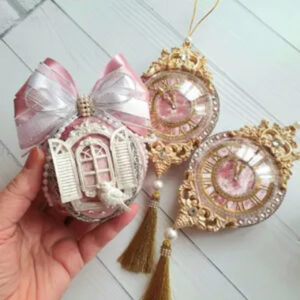 Pink velvet Christmas ball and clock ornaments from Pink Velvet Christmas Ornament Set with sculpted details and rhinestones