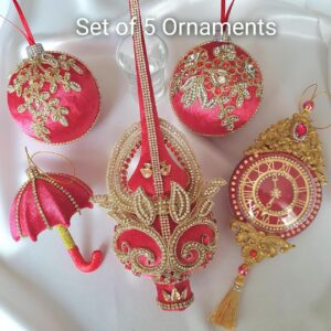 Handmade red velvet Oriental Christmas ornaments set with rhinestones, tree topper, decorative clock, and velvet baubles