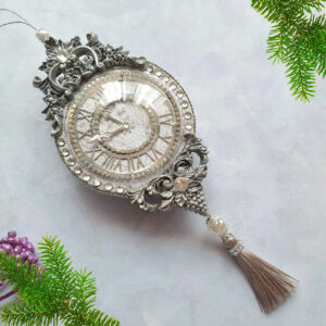 Luxury silver velvet Christmas clock ornament decorated with rhinestones, rhinestone chain, and tassel