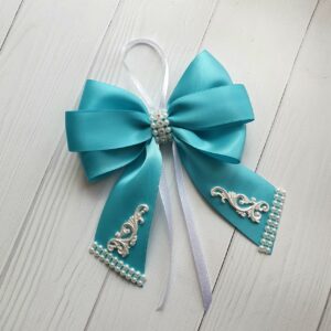 Set of 10 handmade turquoise silk Christmas bows with vintage accents in a gift box