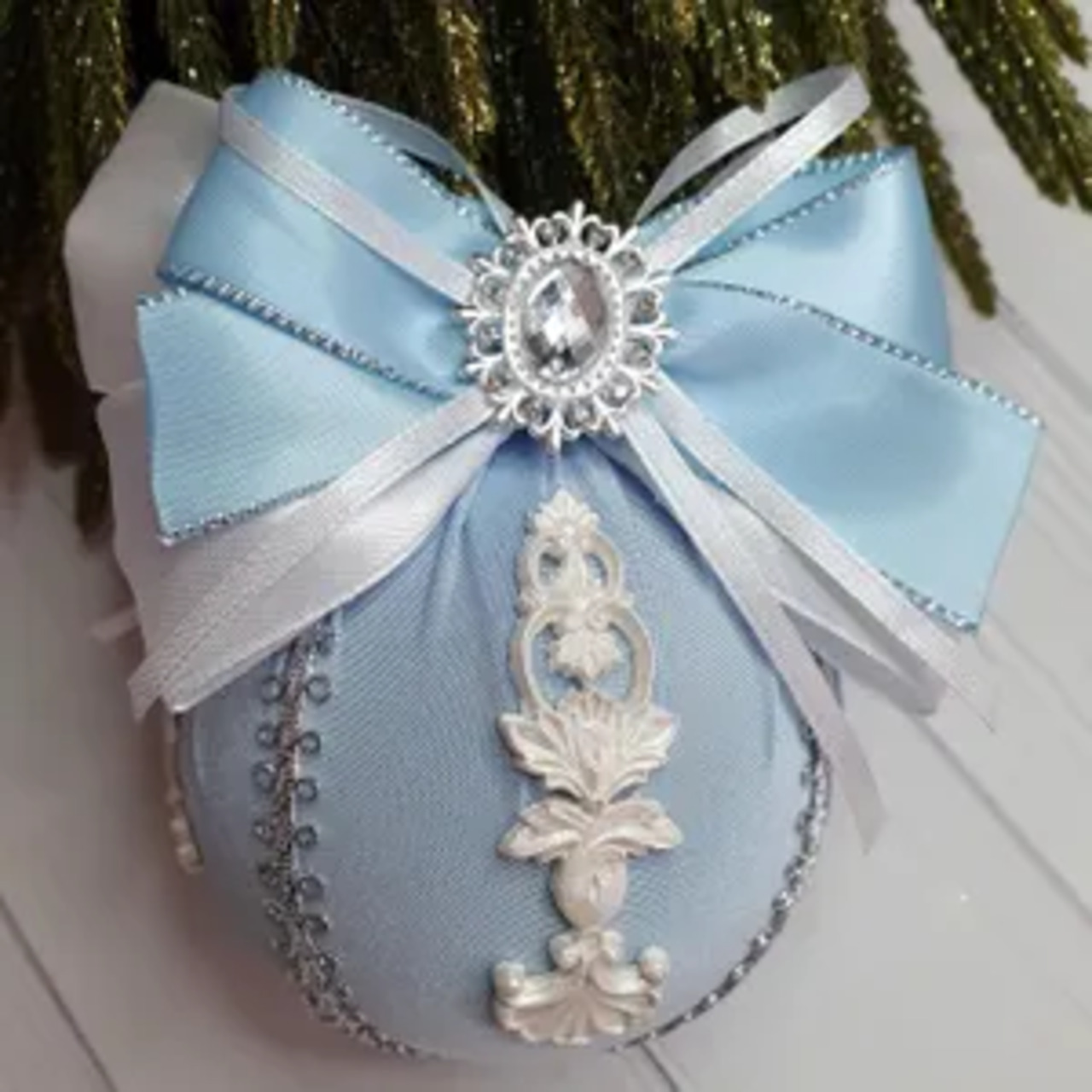 Handmade Blue Silk Christmas Ornament Set - Image 2