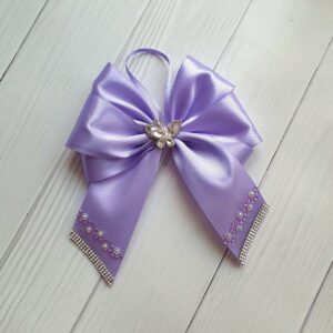Set of 9 soft lavender silk Christmas bows with butterfly brooches and rhinestones in a gift box