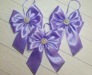 Set of 10 handmade lilac silk Christmas bows with elegant shimmer for holiday decorations