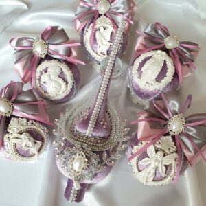 Lilac velvet Christmas ornaments with fairy designs and matching tree topper, elegant handmade holiday decorations