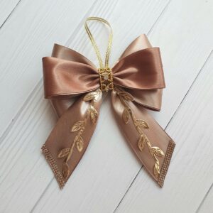 Set of 10 luxury handmade silk Christmas tree bows in champagne and bronze with gold details