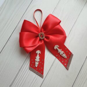 Set of 10 luxury handmade red silk Christmas bows with brooches and rhinestones in a gift box