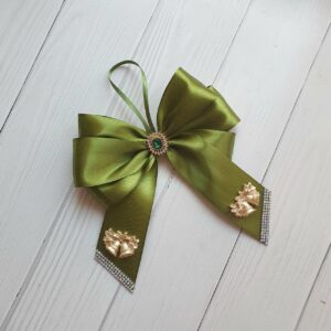 Set of 10 olive silk Christmas bows with emerald stones and gold bells in a gift box