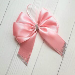 Set of 10 handmade pink silk Christmas bows with rhinestones in a gift box