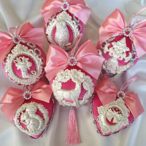 Pink velvet Christmas ornaments set of 6 pcs with handmade balls and heart decorations in a gift box
