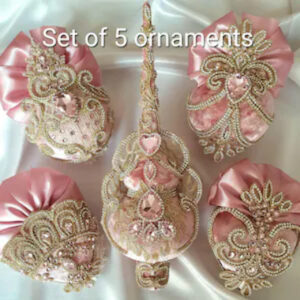 Pink velvet Christmas ornaments set with topper, handmade baubles and hearts decorated with rhinestones and silk bows