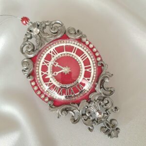 Handmade pink velvet clock ornament with rhinestones for holiday decoration