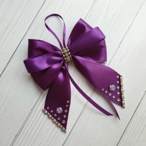 Set of 10 purple silk Christmas tree bows with rhinestones in a gift box
