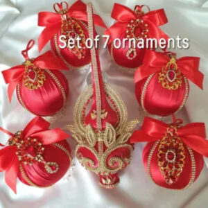 Handmade red Christmas ornaments set with six silk-covered baubles and a velvet tree topper. Durable plastic base with sparkling details. Perfect for elegant holiday décor. Comes gift boxed.