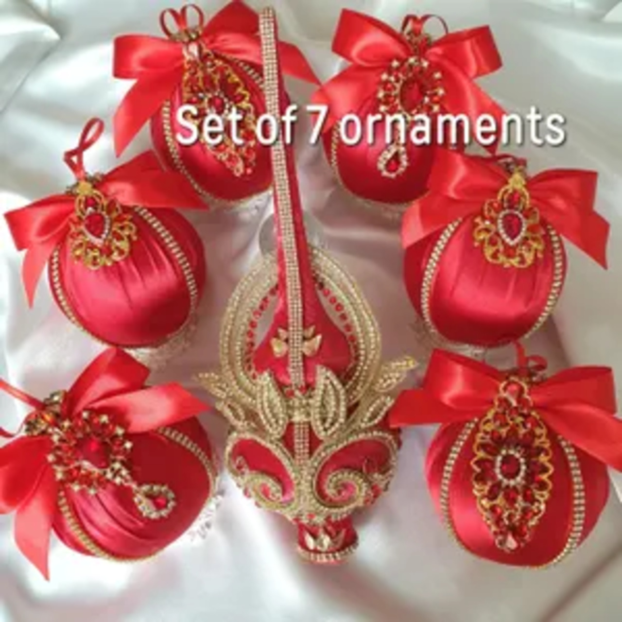 Handmade red Christmas ornaments set with six silk-covered baubles and a velvet tree topper. Durable plastic base with sparkling details. Perfect for elegant holiday décor. Comes gift boxed.